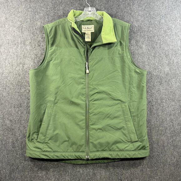 LL Bean Vest Men's Large Tall Green Fleece Lined Full Zip Pockets - Picture 1 of 6